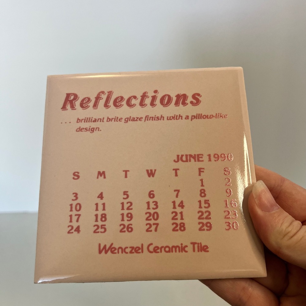 Vintage Wenczel Ceramic Tile June 1990 Reflections Calendar Pink Glaze 4.25in